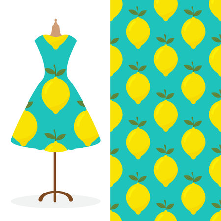 Women's long dress mock up with bright seamless hand drawn pattern for textile, paper print.のイラスト素材