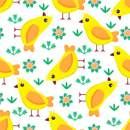 Seamless pattern with cartoon yellow chicks. Easter greeting cards, Hand drawn backgroundのイラスト素材