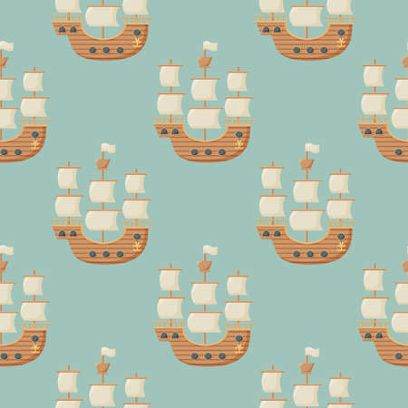 Vector seamless pattern on the theme of sea travel with sailing ships. Sea objects on background in retro styleのイラスト素材