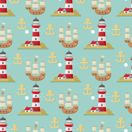 Vector sea seamless pattern with lighthouse, anchor and ship. Marine background for poster, invitations, textileのイラスト素材