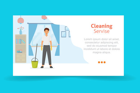 Vector cartoon style illustration of cleaning service man character. Housekeeping icons. Isolated on white background. ... Vector illustrationのイラスト素材