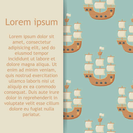 Vector seamless pattern on the theme of sea travel with sailing ships. Sea objects on background in retro style.のイラスト素材