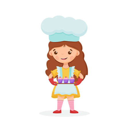 Cute little girl holds a cupcakes on the tray illustrationのイラスト素材