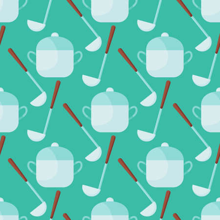Illustration pattern with kitchen utensils on it: saucepans and ladles on background.のイラスト素材