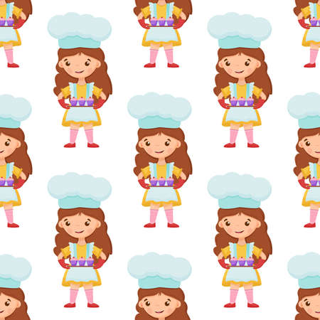 Seamless pattern cute little girl holds a cupcakes on the tray.のイラスト素材