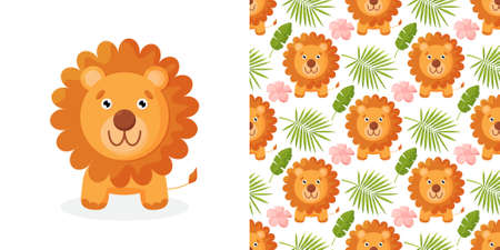 Cute a lion cartoon isolated Cute jungle baby endless background pattern with lions and tropical plants in bright colorsのイラスト素材
