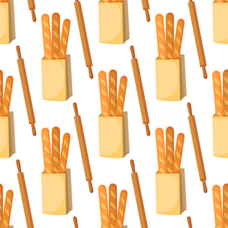 Bread in packages of craft paper, rolling pin. Pastries, local bakery. Hand drawn cozy background, vector pattern.のイラスト素材