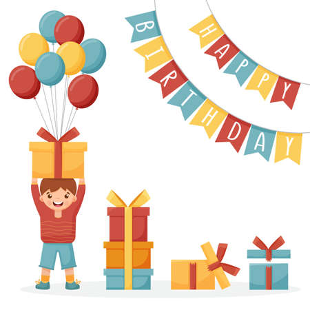 Happy little boy holding a box with gifts. There are gifts with balloons nearby. Garland happy birthday.のイラスト素材