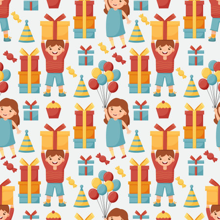 Birthday gift boxes, garlands flat vector seamless pattern. Hand drawn background for a party,...