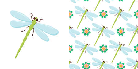 Dragonfly colorful seamless pattern. Repeating dress textile print with damselfly insects. Close up water dragonflyのイラスト素材