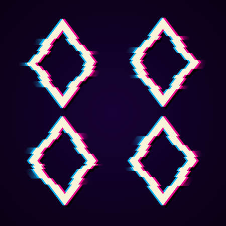 Colorful glitch rhombus geometric shape, frame with neon glitch effect on black backgroundのイラスト素材