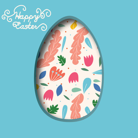Happy Easter greeting card. 3d paper cut easter egg concept design background. Paper carving egg shape with shadowのイラスト素材