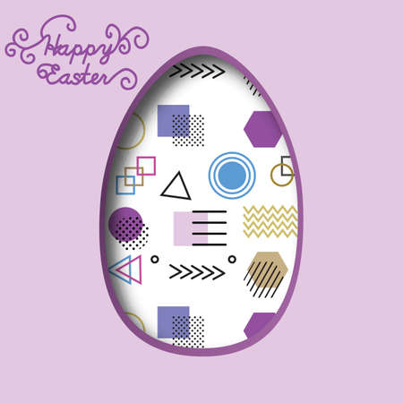 Happy Easter greeting card. 3d paper cut easter egg concept design background. Paper carving egg shape with shadowのイラスト素材