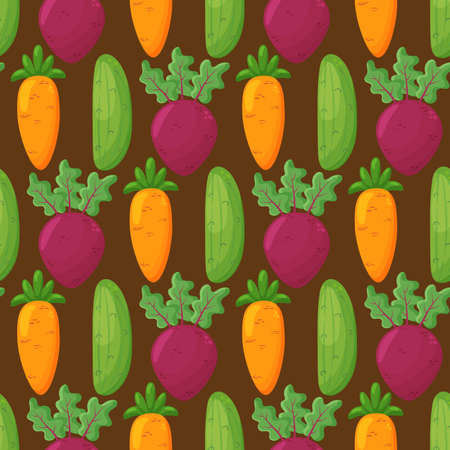 Seamless pattern with hand drawn colorful vegetables. Vegetables flat icons set: cucumber, carrot, beet.のイラスト素材