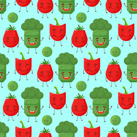 Seamless pattern paprika broccoli tomato shaped patch pocket. Character pocket paprika broccoli tomato. Isolated on white background. Design element. Template for your shirts, books, stickers.のイラスト素材
