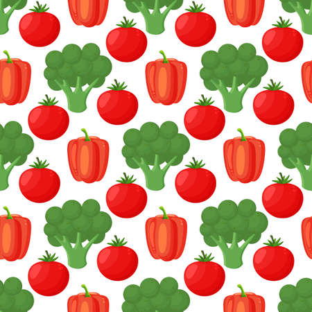 Seamless pattern with hand drawn colorful vegetables. Sketch style vector set. Vegetables flat icons set: paprika, broccoli, tomato. Vector illustrationのイラスト素材