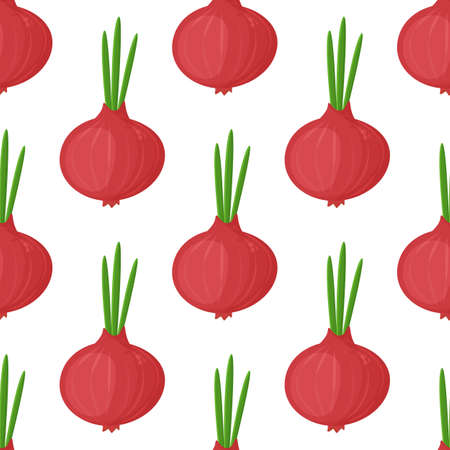 Seamless pattern red onion with green onion, cutaway onion top view isolated on background, flat lay for culinary blog.のイラスト素材