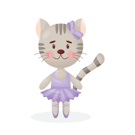Happy cute cat kitten character ballet dancer in pointed shoes and tutu skirt illustration isolated on white backgroundのイラスト素材
