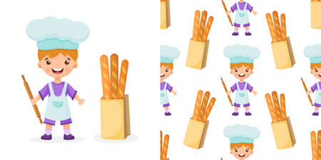 Pattern of chef illustration on isolated background. Pattern baker boy. Pattern of cook illustration of a boy.のイラスト素材
