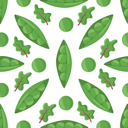 Vector pattern with fresh sweet organic green pea with leaves and herb. Backdrop with tasty vegetable ingredient.のイラスト素材