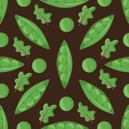 Vector pattern with fresh sweet organic green pea with leaves and herb. Backdrop with tasty vegetable ingredient.のイラスト素材