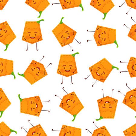 Seamless pattern pumpkin shaped patch pocket. Character pocket pumpkin. Cartoon style. Design element.のイラスト素材