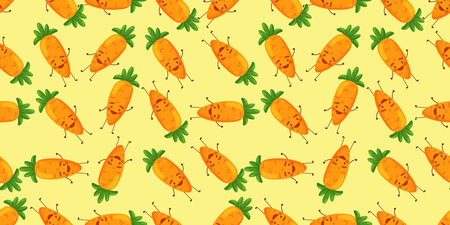 Carrots, vector seamless pattern with cute vegetable characters on stripy background