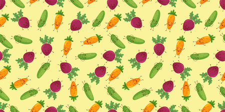 Seamless happy vegetables character food fun illustration background pattern in vector