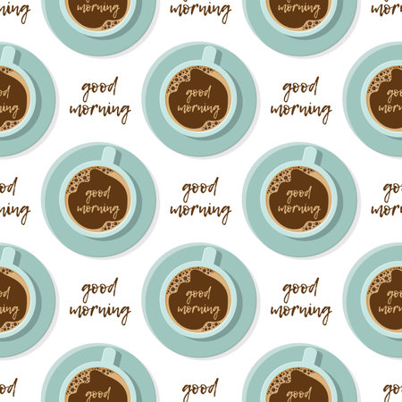 A cup of tea of coffe on a saucer on background seamless pattern. Flat design. Vector illustration for menu, cafeのイラスト素材