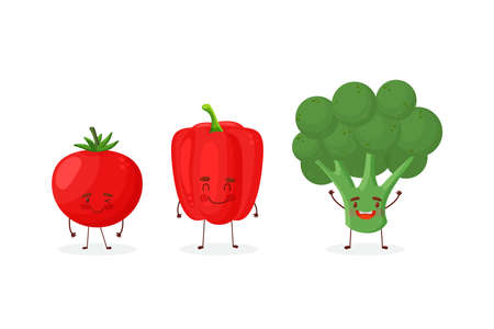 Cute fruit and vegetable cartoon characters isolated on white background vector illustration. Funny broccoli, tomatoのイラスト素材