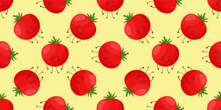 Seamless pattern with a red smiling tomato on background. Funny vegetable in cartoon style. Big eyes.のイラスト素材