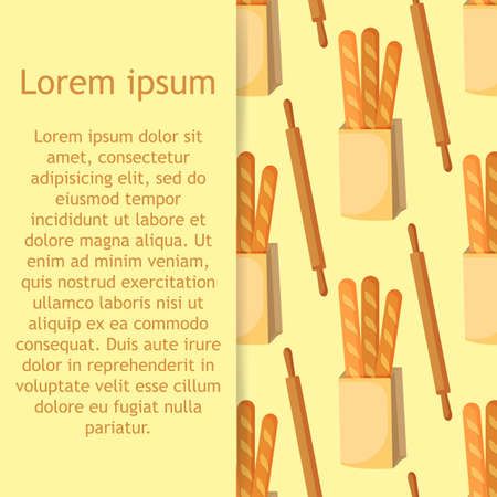 Bread in packages of craft paper, rolling pin. Pastries, local bakery. Hand drawn cozy background, vector pattern.のイラスト素材