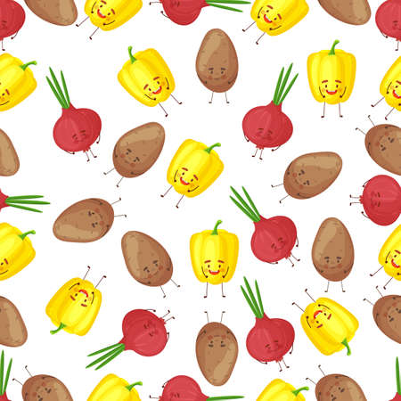 Seamless happy vegetables food fun illustration background pattern in vector.のイラスト素材