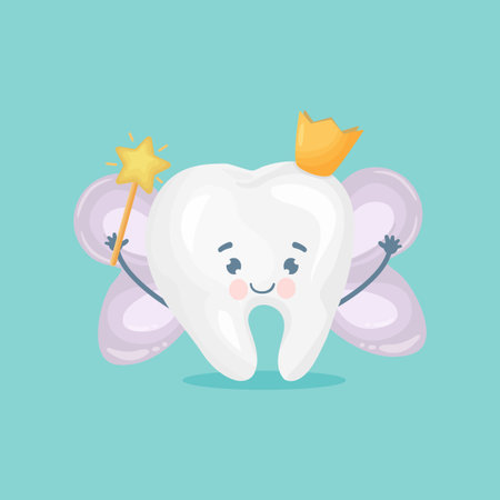 Cute tooth, flying fairy with shining effect stars, cartoon character, oral dental hygiene, vector. Vector illustrationのイラスト素材