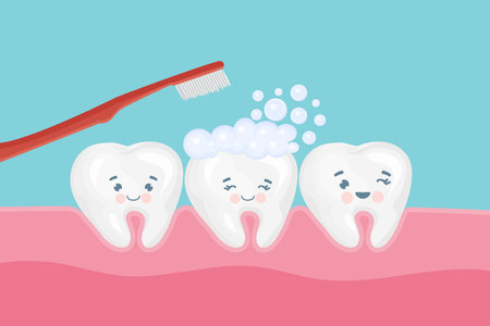 Clean your teeth everyday with toothbrush and toothpaste in flat design. Smiling teeth cartoon dental care.のイラスト素材