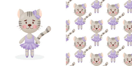Vector seamless pattern in child style with a cat ballerina. Vector illustrationのイラスト素材