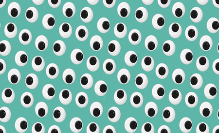 Seamless pattern with cute plastic eyes for toys, dolls, isolated on the background. A caricature of...