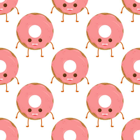 Seamless pattern with funny character donut with frosting, vector illustration in cartoon style.のイラスト素材