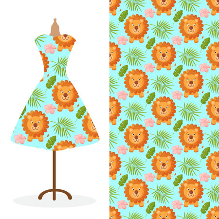 Womens long dress mock up with bright seamless hand drawn pattern for textile, paper print.のイラスト素材