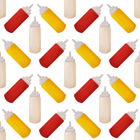 Plastic bottles sauce of tomato ketchup, mayonnaise and mustard in seamless patternのイラスト素材