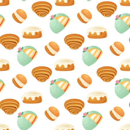 Seamless pattern with traditional swedish sweets. Kanelbulle roll, cinnamon bun, prinsesstarta, semla.のイラスト素材