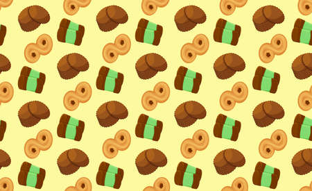 Seamless pattern with traditional swedish sweets. Chokladboll, lussekatt, dammsugare and pepparkakor ginger cookies.の写真素材