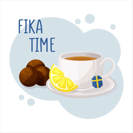 Cup of coffee or tea and Chocolate ball. Coffee break fika concept. Isolated hand drawn vector illustrationのイラスト素材