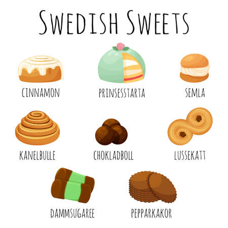 Traditional swedish sweets set. Kanelbulle roll, cinnamon bun, prinsesstarta, semla, chokladboll, lussekatt, dammsugareのイラスト素材