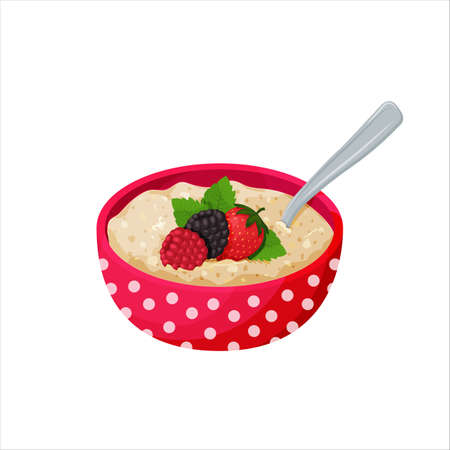 Flat vector icon of oatmeal with berries in a ceramic bowl. Delicious and healthy breakfast foodのイラスト素材