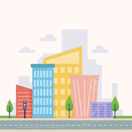 Green district of suburb with colorful houses and skyscraper silhouettes at background.のイラスト素材