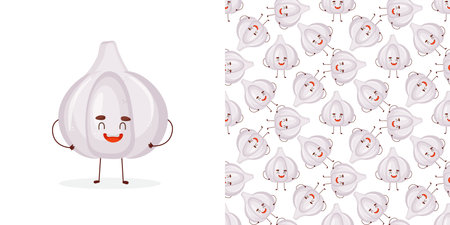 Garlic, vector seamless pattern with cute cartoon vegetable characters isolated on white.のイラスト素材