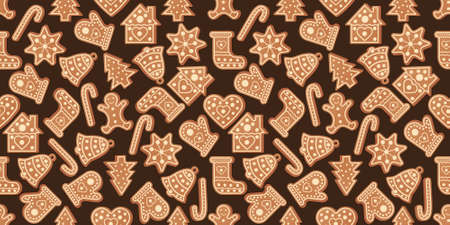 Winter seamless patterns with gingerbread cookies. Awesome holiday vector background. Christmas repeating textureのイラスト素材