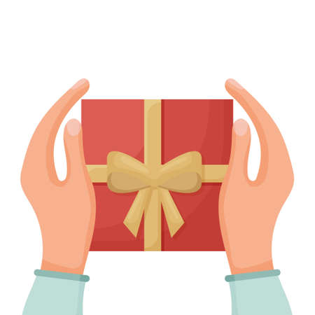 Gift box in hands. Valentines Day. Christmas and New Year. Two hands hold surprise, present. Cartoon flat illustration.のイラスト素材
