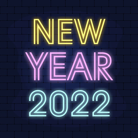 2022 neon light number happy new year and colorful bulb light at night design on block wall black backgroundのイラスト素材